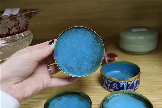 Two Islamic champleve enamel boxes and covers, agate geode halves and quartz cups